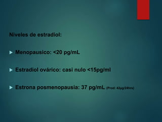 Niveles de estradiol:
 Menopausico: <20 pg/mL
 Estradiol ovárico: casi nulo <15pg/ml
 Estrona posmenopausia: 37 pg/mL (Prod: 42µg/24hrs)
 