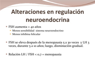 Alteraciones en regulación neuroendocrina FSH aumenta > 40 años Menos sensibilidad  sistema neuroendocrino  Menos inhibina folicular FSH se eleva después de la menopausia 5 a 30 veces  y LH 3 veces, durante 5 a 10 años; luego, disminución gradual. Relación LH / FSH < 0,7 = menopausia 