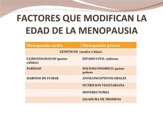 FACTORES QUE MODIFICAN LA EDAD DE LA MENOPAUSIA Menopausia tardía Menopausia precoz GENETICOS  (madre e hijas) CLIMATOLOGICOS (países cálidos) ESTADO CIVIL: solteras PARIDAD SOCIOECONOMICO: países pobres HABITOS DE FUMAR  ANTICONCEPTIVOS ORALES NUTRICION VEGETARIANA HISTERECTOMIA LIGADURA DE TROMPAS  