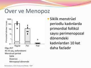Over ve MenopozSiklik menstrüel periodlu kadınlarda primordial follikül sayısı perimenopozal dönemdeki kadınlardan 10 kat daha fazladırOlgu #1745-55 yaş, ooforektomiMenstruel periodSiklikDüzensizMenopozal dönemdeRichardson,J Clin Endocrinol Metab, 1987