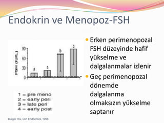 Endokrin ve Menopoz-FSHErken perimenopozal FSH düzeyinde hafif yükselme ve dalgalanmalar izlenirGeç perimenopozal dönemde dalgalanma olmaksızın yükselme saptanırBurger HG, Clin Endocrinol, 1998