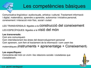 Les competències bàsiques Comunicativa lingüística i audiovisuals, artística i cultural, Tractament informació i digital, matemàtica, aprendre a aprendre, autonomia i iniciativa personal, coneixement i interacció món físic, social i ciutad LES TRANSVERSALS: lligades a la  construcció del coneixement LES ESPECÍFIQUES: lligades a la  visió del món Les transversals: Com ens comuniquem Com interrelacionem les àrees del desenvolupament personal Com aprenem, com fem el tractament de la informació i com usem les matemàtiques  ( instruments + aprenentatge + Coneixement ) Les específiques: Con sciènia  del món on vivim i les relacions socials i ciutadanes que  s ’ estableixen . 