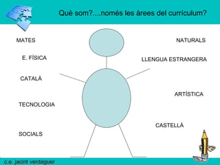 Què som?....només les àrees del currículum? MATES CATALÀ NATURALS ARTÍSTICA CASTELLÀ SOCIALS LLENGUA ESTRANGERA TECNOLOGIA E. FÍSICA 