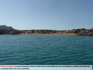 Playa de Cavalleria zonas de pequeñas calas las cuales sólo son accesibles por mar son agrestes y salvajes. Envueltas de
un paisaje árido y de rocas escarpadas.
 