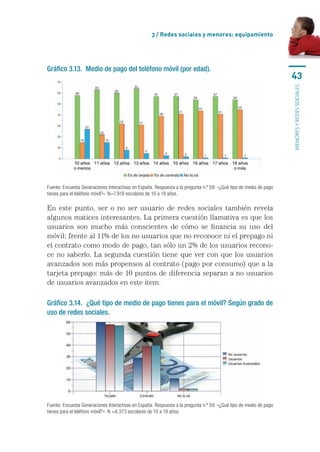 3 / Redes sociales y menores: equipamiento




Gráfico 3.13. Medio de pago del teléfono móvil (por edad).
                                                                                                                     43




                                                                                                                     MENORES Y REDES SOCIALES
Fuente: Encuesta Generaciones Interactivas en España. Respuesta a la pregunta n.º 59: «¿Qué tipo de medio de pago 
tienes para el teléfono móvil?». N=7.918 escolares de 10 a 18 años.

En	 este	 punto,	 ser	 o	 no	 ser	 usuario	 de	 redes	 sociales	 también	 revela	
algunos	matices	interesantes.	La	primera	cuestión	llamativa	es	que	los	
usuarios	 son	 mucho	 más	 conscientes	 de	 cómo	 se	 financia	 su	 uso	 del	
móvil:	frente	al	11%	de	los	no	usuarios	que	no	reconoce	ni	el	prepago	ni	
el	contrato	como	modo	de	pago,	tan	sólo	un	2%	de	los	usuarios	recono-
ce	no	saberlo.	La	segunda	cuestión	tiene	que	ver	con	que	los	usuarios	
avanzados	son	más	propensos	al	contrato	(pago	por	consumo)	que	a	la	
tarjeta	prepago:	más	de	10	puntos	de	diferencia	separan	a	no	usuarios	
de	usuarios	avanzados	en	este	item.

Gráfico 3.14. ¿Qué tipo de medio de pago tienes para el móvil? Según grado de
uso de redes sociales.




Fuente: Encuesta Generaciones Interactivas en España. Respuesta a la pregunta n.º 59: «¿Qué tipo de medio de pago 
tienes para el teléfono móvil?». N =8.373 escolares de 10 a 18 años.
 