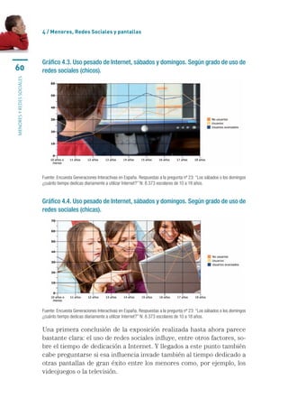 4 / menores, Redes sociales y pantallas




                           Gráfico 4.3. Uso pesado de Internet, sábados y domingos. Según grado de uso de
60                         redes sociales (chicos).
MENORES Y REDES SOCIALES




                           Fuente: Encuesta Generaciones Interactivas en España. Respuestas a la pregunta nº 23: “Los sábados o los domingos 
                           ¿cuánto tiempo dedicas diariamente a utilizar Internet?” N: 8.373 escolares de 10 a 18 años.


                           Gráfico 4.4. Uso pesado de Internet, sábados y domingos. Según grado de uso de
                           redes sociales (chicas).




                           Fuente: Encuesta Generaciones Interactivas en España. Respuestas a la pregunta nº 23: “Los sábados o los domingos 
                           ¿cuánto tiempo dedicas diariamente a utilizar Internet?” N: 8.373 escolares de 10 a 18 años.

                           Una	primera	conclusión	de	la	exposición	realizada	hasta	ahora	parece	
                           bastante	clara:	el	uso	de	redes	sociales	influye,	entre	otros	factores,	so-
                           bre	el	tiempo	de	dedicación	a	Internet.	Y	llegados	a	este	punto	también	
                           cabe	preguntarse	si	esa	influencia	invade	también	al	tiempo	dedicado	a	
                           otras	pantallas	de	gran	éxito	entre	los	menores	como,	por	ejemplo,	los	
                           videojuegos	o	la	televisión.	
 