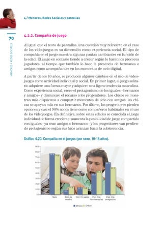 4 / menores, Redes sociales y pantallas




                           4.2.2. compañía de juego
70
                           Al	igual	que	el	resto	de	pantallas,	una	cuestión	muy	relevante	en	el	caso	
MENORES Y REDES SOCIALES




                           de	los	videojuegos	es	su	dimensión	como	experiencia	social.	El	tipo	de	
                           compañía	en	el	juego	muestra	algunas	pautas	cambiantes	en	función	de	
                           la	edad.	El	juego	en	solitario	tiende	a	crecer	según	lo	hacen	los	precoces	
                           jugadores,	 al	 tiempo	 que	 también	 lo	 hace	 la	 presencia	 de	 hermanos	 o	
                           amigos	como	acompañantes	en	los	momentos	de	ocio	digital.	

                           A	partir	de	los	10	años,	se	producen	algunos	cambios	en	el	uso	de	video-
                           juegos	como	actividad	individual	y	social.	En	primer	lugar,	el	juego	solita-
                           rio	adquiere	una	fuerza	mayor	y	adquiere	una	ligera	tendencia	masculina.	
                           Como	experiencia	social,	crece	el	protagonismo	de	los	iguales	–hermanos	
                           y	amigos–	y	disminuye	el	recurso	a	los	progenitores.	Los	chicos	se	mues-
                           tran	más	dispuestos	a	compartir	momentos	de	ocio	con	amigos;	las	chi-
                           cas	se	apoyan	más	en	sus	hermanos.	Por	último,	los	progenitores	pierden	
                           opciones	y	casi	el	90%	no	los	tiene	como	compañeros	habituales	en	el	uso	
                           de	los	videojuegos.	En	definitiva,	sobre	estas	edades	se	consolida	el	juego	
                           individual	de	forma	creciente,	aumenta	la	posibilidad	de	juego	compartido	
                           con	iguales	–ya	sean	amigos	o	hermanos–	y	los	progenitores	van	perdien-
                           do	protagonismo	según	sus	hijos	avanzan	hacia	la	adolescencia.	

                           Gráfico 4.20. Compañía en el juegos (por sexo, 10-18 años).
 
