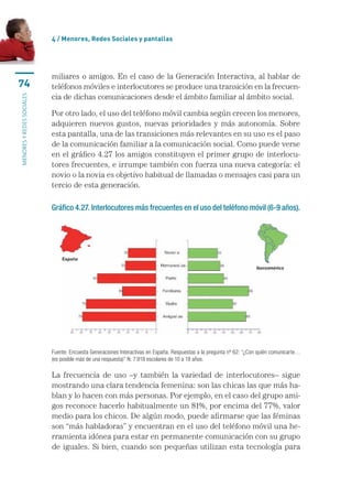4 / menores, Redes sociales y pantallas




                           miliares	o	amigos.	En	el	caso	de	la	Generación	Interactiva,	al	hablar	de	
74                         teléfonos	móviles	e	interlocutores	se	produce	una	transición	en	la	frecuen-
                           cia	de	dichas	comunicaciones	desde	el	ámbito	familiar	al	ámbito	social.	
MENORES Y REDES SOCIALES




                           Por	otro	lado,	el	uso	del	teléfono	móvil	cambia	según	crecen	los	menores,	
                           adquieren	 nuevos	 gustos,	 nuevas	 prioridades	 y	 más	 autonomía.	 Sobre	
                           esta	pantalla,	una	de	las	transiciones	más	relevantes	en	su	uso	es	el	paso	
                           de	la	comunicación	familiar	a	la	comunicación	social.	Como	puede	verse	
                           en	el	gráfico	4.27	los	amigos	constituyen	el	primer	grupo	de	interlocu-
                           tores	frecuentes,	e	irrumpe	también	con	fuerza	una	nueva	categoría:	el	
                           novio	o	la	novia	es	objetivo	habitual	de	llamadas	o	mensajes	casi	para	un	
                           tercio	de	esta	generación.

                           Gráfico 4.27. Interlocutores más frecuentes en el uso del teléfono móvil (6-9 años).




                           Fuente: Encuesta Generaciones Interactivas en España. Respuestas a la pregunta nº 62: “¿Con quién comunicarte… 
                           (es posible más de una respuesta)” N: 7.918 escolares de 10 a 18 años.

                           La	 frecuencia	 de	 uso	 –y	 también	 la	 variedad	 de	 interlocutores–	 sigue	
                           mostrando	una	clara	tendencia	femenina:	son	las	chicas	las	que	más	ha-
                           blan	y	lo	hacen	con	más	personas.	Por	ejemplo,	en	el	caso	del	grupo	ami-
                           gos	reconoce	hacerlo	habitualmente	un	81%,	por	encima	del	77%,	valor	
                           medio	para	los	chicos.	De	algún	modo,	puede	afirmarse	que	las	féminas	
                           son	“más	habladoras”	y	encuentran	en	el	uso	del	teléfono	móvil	una	he-
                           rramienta	idónea	para	estar	en	permanente	comunicación	con	su	grupo	
                           de	iguales.	Si	bien,	cuando	son	pequeñas	utilizan	esta	tecnología	para	
 
