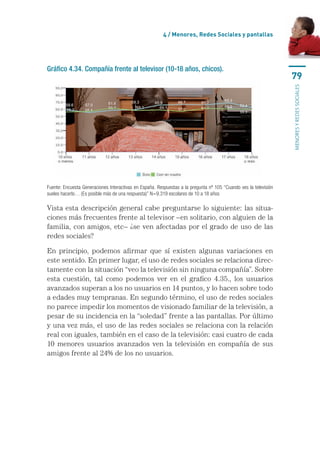 4 / menores, Redes sociales y pantallas




Gráfico 4.34. Compañía frente al televisor (10-18 años, chicos).
                                                                                                                   79




                                                                                                                   MENORES Y REDES SOCIALES
Fuente: Encuesta Generaciones Interactivas en España. Respuestas a la pregunta nº 105 “Cuando ves la televisión 
sueles hacerlo… (Es posible más de una respuesta)” N=9.319 escolares de 10 a 18 años

Vista	esta	descripción	general	cabe	preguntarse	lo	siguiente:	las	situa-
ciones	más	frecuentes	frente	al	televisor	–en	solitario,	con	alguien	de	la	
familia,	con	amigos,	etc–	¿se	ven	afectadas	por	el	grado	de	uso	de	las	
redes	sociales?

En	 principio,	 podemos	 afirmar	 que	 sí	 existen	 algunas	 variaciones	 en	
este	sentido.	En	primer	lugar,	el	uso	de	redes	sociales	se	relaciona	direc-
tamente	con	la	situación	“veo	la	televisión	sin	ninguna	compañía”.	Sobre	
esta	 cuestión,	 tal	 como	 podemos	 ver	 en	 el	 grafico	 4.35.,	 los	 usuarios	
avanzados	superan	a	los	no	usuarios	en	14	puntos,	y	lo	hacen	sobre	todo	
a	edades	muy	tempranas.	En	segundo	término,	el	uso	de	redes	sociales	
no	parece	impedir	los	momentos	de	visionado	familiar	de	la	televisión,	a	
pesar	de	su	incidencia	en	la	“soledad”	frente	a	las	pantallas.	Por	último	
y	una	vez	más,	el	uso	de	las	redes	sociales	se	relaciona	con	la	relación	
real	con	iguales,	también	en	el	caso	de	la	televisión:	casi	cuatro	de	cada	
10	 menores	 usuarios	 avanzados	 ven	 la	 televisión	 en	 compañía	 de	 sus	
amigos	frente	al	24%	de	los	no	usuarios.
 
