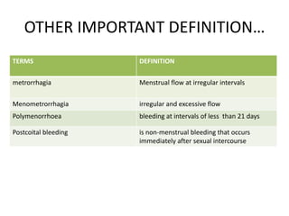 OTHER IMPORTANT DEFINITION…
TERMS                 DEFINITION

metrorrhagia          Menstrual flow at irregular intervals

Menometrorrhagia      irregular and excessive flow
Polymenorrhoea        bleeding at intervals of less than 21 days

Postcoital bleeding   is non-menstrual bleeding that occurs
                      immediately after sexual intercourse
 