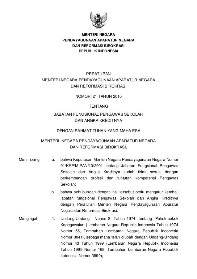 Menpan No 21 Th 2010 Tentang Jafung Pengawas Dan Angka Kreditnya 21