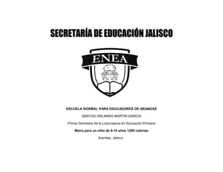 ESCUELA NORMAL PARA EDUCADORES DE ARANDAS

         SANTOS ORLANDO MARTIN GARCIA

Primer Semestre de la Licenciatura en Educación Primaria

    Menú para un niño de 9-10 años 1200 calorías

                   Arandas, Jalisco
 
