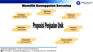 (Menguntungkan)
Profitable
Important
(Penting)
Distincive
(Spesifik)
Affordable
(Terjangkau)
Superior
(Unggul)
Preemptive
(Pencegahan)
Communicable
(Ramah)
 