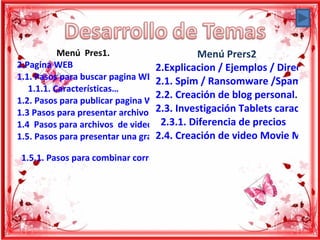 Menú Pres1.                       Menú Prers2
2.Pagina WEB                      2.Explicacion / Ejemplos / Dirección
1.1. Pasos para buscar pagina WEB2.1. Spim / Ransomware /Spam /Pis
                                    hosting.
   1.1.1. Características…
                                  2.2. Creación de blog personal.
1.2. Pasos para publicar pagina WEB hosting.
                                  2.3. Investigación Tablets característ
1.3 Pasos para presentar archivo Flash en Power Point 2010
                                    2.3.1. Diferencia de precios
1.4 Pasos para archivos de video Power Point
                                  2.4. Creación de video Movie Maker
1.5. Pasos para presentar una grafica en Excel en Power Point

 1.5.1. Pasos para combinar correspondencia en Access/Excel /Word
 