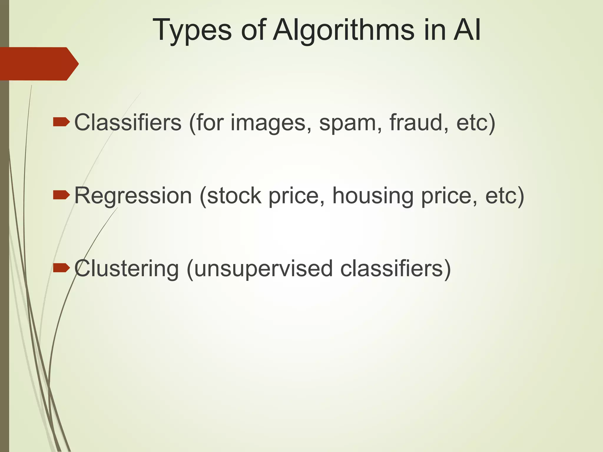 Types of Algorithms in AI
Classifiers (for images, spam, fraud, etc)
Regression (stock price, housing price, etc)
Clustering (unsupervised classifiers)
 