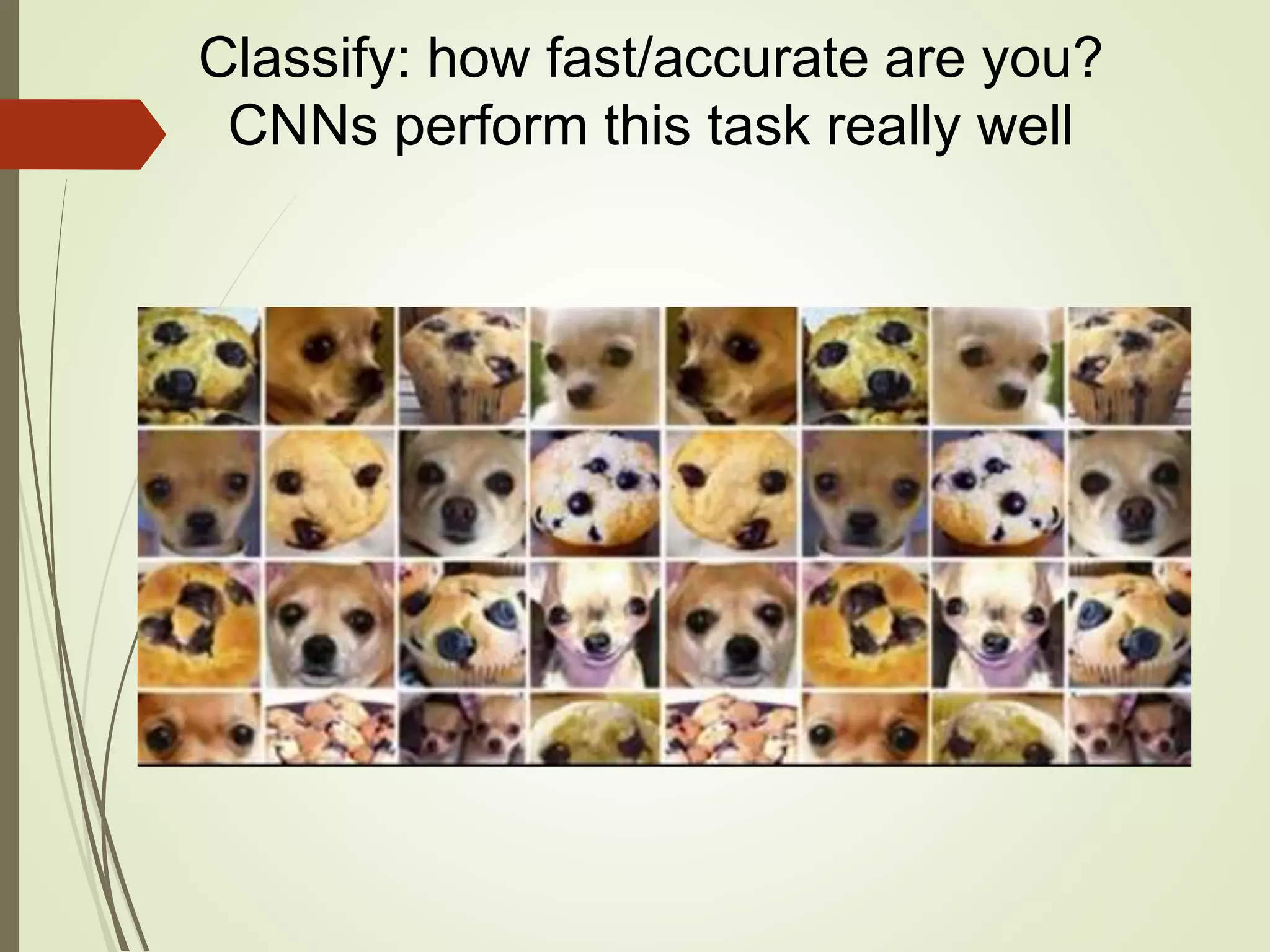 Classify: how fast/accurate are you?
CNNs perform this task really well
 