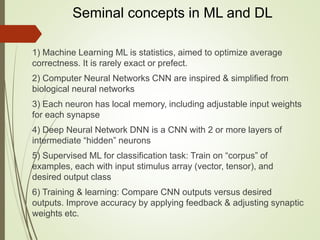 Seminal concepts in ML and DL
1) Machine Learning ML is statistics, aimed to optimize average
correctness. It is rarely exact or prefect.
2) Computer Neural Networks CNN are inspired & simplified from
biological neural networks
3) Each neuron has local memory, including adjustable input weights
for each synapse
4) Deep Neural Network DNN is a CNN with 2 or more layers of
intermediate “hidden” neurons
5) Supervised ML for classification task: Train on “corpus” of
examples, each with input stimulus array (vector, tensor), and
desired output class
6) Training & learning: Compare CNN outputs versus desired
outputs. Improve accuracy by applying feedback & adjusting synaptic
weights etc.
 
