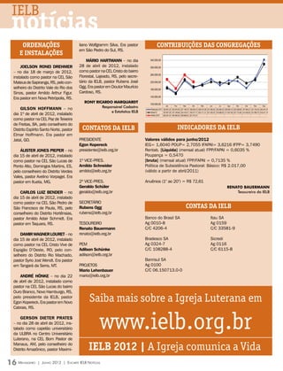 IELB
 notícias
     Ordenações                          liano Wolfgramm Silva. Era pastor              CONTRIBUIÇÕES das congregações
                                         em São Pedro do Sul, RS.
    e Instalações
                                              Mário Hartmann – no dia            340.000,00

     Joelson Ronei Drehmer               28 de abril de 2012, instalado          300.000,00
 – no dia 18 de março de 2012,           como pastor na CEL Cristo do bairro
                                                                                 260.000,00
 instalado como pastor na CEL São        Florestal, Lajeado, RS, pelo secre-
 Mateus de Sapiranga, RS, pelo con-      tário da IELB, pastor Rubens José       220.000,00

 selheiro do Distrito Vale do Rio dos    Ogg. Era pastor em Doutor Maurício
                                                                                 180.000,00
 Sinos, pastor Arnildo Arthur Figur.     Cardoso, RS.
                                                                                 140.000,00
 Era pastor em Nova Petrópolis, RS.
                                            Rony Ricardo Marquardt               100.000,00
     Gilson Hoffmann – no                           Responsável Cadastro                            Jan        Fev        Mar        Abr        Mai        Jun        Jul        Ago        Set        Out        Nov        Dez
                                                                                  Realizado 2011 193.461,25 162.870,93 227.148,70 189.028,10 209.310,28 237.280,42 203.265,43 229.825,19 225.299,69 187.944,21 241.734,34 342.441,37
                                                         e Estatística IELB
 dia 1º de abril de 2012, instalado                                               Meta/12
                                                                                  Realiz.2012
                                                                                                 187.607,28 157.199,96 234.319,31 195.517,17 203.111,31 221.503,23 218.086,92 211.831,68 247.174,06 214.435,50 231.995,70 318.411,19
                                                                                                 235.241,44 185.564,52 259.656,02 221.741,41

 como pastor na CEL Paz de Teixeira
 de Freitas, BA, pelo conselheiro do
 Distrito Espírito Santo Norte, pastor    CONtatos da ielb                                                           Indicadores da IELB
 Elmar Hoffmann. Era pastor em
 Jataí, GO.                              PRESIDENTE                            Valores válidos para junho/2012
                                         Egon Kopereck                         IEG= 1,6040 POUP= 2,7055 IFAPAI= 3,6216 IFPP= 3,7490
     Álister Jones Pieper – no           presidente@ielb.org.br                Rentab. [Líquida] (mensal atual) FPP/FAPAI = 0,6035 %
 dia 15 de abril de 2012, instalado                                            Poupança = 0,5470
 como pastor na CEL São Lucas de         1º VICE-PRES.                         [bruta] (mensal atual) FPP/FAPAI = 0,7135 %
 Ponto Alto, Domingos Martins, ES,       Arnildo Schneider                     Política de Subsistência Pastoral: Básico: R$ 2.017,00
 pelo conselheiro do Distrito Verdes     arnildo@ielb.org.br                   (válido a partir de abril/2011)
 Vales, pastor Avelino Vorpagel. Era
 pastor em Itueta, MG.                   2º VICE-PRES.                         Anuênios (1° ao 20°) = R$ 72,61
                                         Geraldo Schüler                                                                                                                        renato bauermann
     Carlos Luiz Bender – no             geraldo@ielb.org.br                                                                                                                        Tesoureiro da IELB
 dia 15 de abril de 2012, instalado
 como pastor na CEL São Pedro de         SECRETÁRIO
 São Francisco de Paula, RS, pelo        Rubens Ogg                                                                          contas da ielb
 conselheiro do Distrito Hortênsias,     rubens@ielb.org.br
 pastor Arnildo Adair Schmidt. Era                                             Banco do Brasil SA                                                           Itau SA
 pastor em Taquara, RS.                  TESOUREIRO                            Ag 0010-8                                                                    Ag 0159
                                         Renato Bauermann                      C/C 4206-4                                                                   C/C 33581-9
     Damir Wagner Louret – no            renato@ielb.org.br
 dia 15 de abril de 2012, instalado                                            Bradesco SA                                                                  Sicredi
 como pastor na CEL Cristo Vive de       PEM                                   Ag 0324-7                                                                    Ag 0116
 Espigão D’Oeste, RO, pelo con-          Adilson Schünke                       C/C 108288-4                                                                 C/C 6115-8
 selheiro do Distrito Rio Machado,       adilson@ielb.org.br
 pastor Syrio Jost Wendt. Era pastor                                           Banrisul SA
 em Tangará da Serra, MT.                PROJETOS                              Ag 0100
                                         Mario Lehenbauer                      C/C 06.150713.0-0
     André Hönke – no dia 22             mario@ielb.org.br
 de abril de 2012, instalado como
 pastor na CEL São Lucas do bairro
 Ouro Branco, Novo Hamburgo, RS,
 pelo presidente da IELB, pastor
 Egon Kopereck. Era pastor em Novo             Saiba mais sobre a Igreja Luterana em
 Cabrais, RS.

     Gerson Dieter Prates
 – no dia 28 de abril de 2012, ins-
 talado como capelão universitário
 da ULBRA no Centro Universitário
 Luterano, na CEL Bom Pastor de
                                                     www.ielb.org.br
 Manaus, AM, pelo conselheiro do
 Distrito Amazônico, pastor Maximi-           IELB 2012 | A Igreja comunica a Vida
16 M ensageiro   | Junho 2012 | Encarte IELB Notícias
 