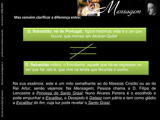 Um pouco antes de tudo isto... escola secundária gil eanes  .  literatura portuguesa II  .  professora antónia mancha  .  ano lectivo 2008/2009 Mas convém clarificar a diferença entre: Na sua essência, este é um mito semelhante ao do Messias Cristão ou ao do Rei Artur, senão vejamos: Na  Mensagem , Pessoa chama a D. Filipa de Lencastre a  Princesa do Santo Graal ; Nuno Álvares Pereira é o escolhido e pode empunhar a  Excalibur ,  o  Desejado  é  Galaaz  com pátria  e tem como gládio a   Excalibur  do fim , cuja luz pode revelar o   Santo Graal. D. Sebastião, rei de Portugal ,  figura histórica; este é o  ser que houve , que morreu em Alcácer-Quibir . D. Sebastião  mítico, o Encoberto, aquele que há-se regressar  no ser que há , isto é, que vive na lenda que fecunda o sonho. 
