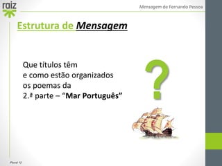 Plural 12
Mensagem de Fernando Pessoa
Estrutura de Mensagem
Que títulos têm
e como estão organizados
os poemas da
2.ª parte – “Mar Português” ?
 