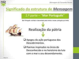 Plural 12
Mensagem de Fernando Pessoa
Realização da pátria
 Apogeu da ação portuguesa dos
Descobrimentos.
 Poemas inspirados na ânsia do
Desconhecido e no heroísmo da luta
com o mar e seu desvendamento.
2.ª parte – “Mar Português”
Significado da estrutura de Mensagem
Mar Português: sonhado e desvendado pelos heróis e nautas; português por direito.
 