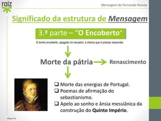 Plural 12
Mensagem de Fernando Pessoa
Morte da pátria
 Morte das energias de Portugal.
 Poemas de afirmação do
sebastianismo.
 Apelo ao sonho e ânsia messiânica da
construção do Quinto Império.
3.ª parte – “O Encoberto”
Significado da estrutura de Mensagem
Renascimento
O sonho encoberto, apagado no nevoeiro; a chama que é preciso reacender.
 