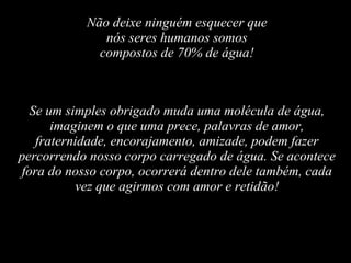 Não deixe ninguém esquecer que nós seres humanos somos compostos de 70% de água! Se um simples obrigado muda uma molécula de água, imaginem o que uma prece, palavras de amor, fraternidade, encorajamento, amizade, podem fazer percorrendo nosso corpo carregado de água. Se acontece fora do nosso corpo, ocorrerá dentro dele também, cada vez que agirmos com amor e retidão! 
