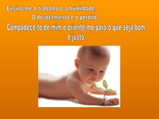 Ensina-me o trabalho e a humildade, O devotamento e o perdão. Compadece-te de mim e oriente-me para o que seja bom e justo 