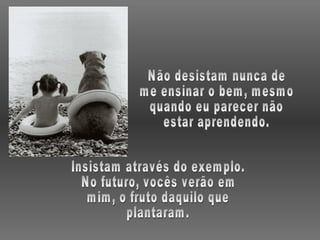 Não desistam nunca de me ensinar o bem, mesmo quando eu parecer não estar aprendendo. Insistam através do exemplo. No futuro, vocês verão em mim, o fruto daquilo que plantaram. 