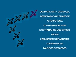 COMPARTILHAR A  LIDERANÇA.. RESPEITAR-NOS MUTUAMENTE O TEMPO TODO. DIVIDIR OS PROBLEMAS E OS TRABALHOS MAIS DIFÍCEIS. REUNIR HABILIDADES E CAPACIDADES, COMBINAR DONS, TALENTOS E RECURSOS. 