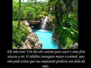 Ele não erra! Um dia eles saíram para caçar e uma fera atacou o rei. O súbdito conseguiu matar o animal, mas não pode evitar que sua majestade perdesse um dedo da mão.  