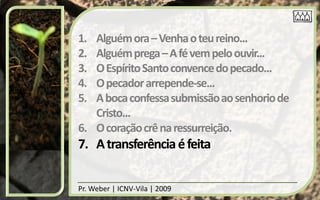 1. Alguém ora – Venha o teu reino...
2. Alguém prega – A fé vem pelo ouvir...
3. O Espírito Santo convence do pecado...
4. O pecador arrepende-se...
5. A boca confessa submissão ao senhorio de
   Cristo...
6. O coração crê na ressurreição.
7. A transferência é feita


Pr. Weber | ICNV-Vila | 2009
 