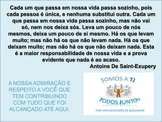 Cada um que passa em nossa vida passa sozinho, pois
cada pessoa é única, e nenhuma substitui outra. Cada um
que passa em nossa vida passa sozinho, mas não vai
só, nem nos deixa sós. Leva um pouco de nós
mesmos, deixa um pouco de si mesmo. Há os que levam
muito; mas não há os que não levam nada. Há os que
deixam muito; mas não há os que não deixam nada. Esta
é a maior responsabilidade de nossa vida e a prova
evidente que nada é ao acaso.
Antoine De Saint-Exupery
A NOSSA ADMIRAÇÃO E
RESPEITO A VOCÊ QUE
TEM CONTRIBUINDO
COM TUDO QUE FOI
ALCANÇADO ATÉ AQUI.
 