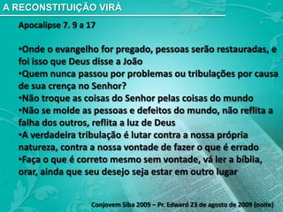 COMO CONHECER O QUE DEUS TEM PARA NÓSÊxodo 20Precisamos não apenas baixar o melhor de Deus pra nossas vidas, mas EXECUTAR esses ensinamentos através das nossas atitudesConjovem Siba 2009 – Pr. Edward 21 de agosto de 2009