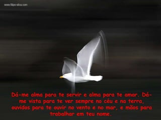 Dá-me alma para te servir e alma para te amar. Dá-me vista para te ver sempre no céu e na terra, ouvidos para te ouvir no vento e no mar, e mãos para trabalhar em teu nome.   