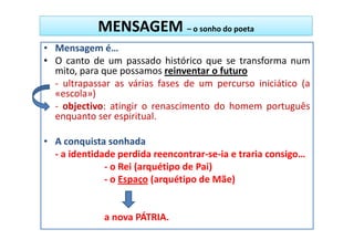 MENSAGEM – o sonho do poeta
• Mensagem é…
• O canto de um passado histórico que se transforma num
  mito, para que possamos reinventar o futuro
  - ultrapassar as várias fases de um percurso iniciático (a
  «escola»)
  - objectivo: atingir o renascimento do homem português
  enquanto ser espiritual.

• A conquista sonhada
  - a identidade perdida reencontrar-se-ia e traria consigo…
              - o Rei (arquétipo de Pai)
              - o Espaço (arquétipo de Mãe)


             a nova PÁTRIA.
 
