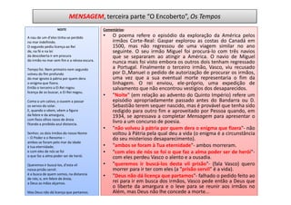 MENSAGEM, terceira parte “O Encoberto”, Os Tempos
                  NOITE                     Comentários:

A nau de um d’eles tinha-se perdido         •    O poema refere o episódio da exploração da América pelos
no mar indefinido.                               irmãos Corte-Real: Gaspar explorou as costas do Canadá em
O segundo pediu licença ao Rei                   1500, mas não regressou de uma viagem similar no ano
de, na fé e na lei                               seguinte. O seu irmão Miguel foi procurá-lo com três navios
da descoberta ir em procura                      que se separaram ao atingir a América. O navio de Miguel
do irmão no mar sem fim e a névoa escura.
                                                 nunca mais foi visto embora os outros dois tenham regressado
Tempo foi. Nem primeiro nem segundo              a Portugal. Finalmente o terceiro irmão, Vasco, viu recusado
volveu do fim profundo                           por D.,ManueI o pedido de autorização de procurar os irmãos,
do mar ignoto à pátria por quem dera             uma vez que a sua eventual morte representaria o fim da
o enigma que fizera.                             linhagem. O rei enviou, ele-próprio, uma expedição de
Então o terceiro a El-Rei rogou                  salvamento que não encontrou vestígios dos desaparecidos.
licença de os buscar, e El-Rei negou.
                                            •    "Noite" (em relação ao advento do Quinto Império) refere um
Como a um cativo, o ouvem a passar               episódio apropriadamente passado antes do Bandarra ou D.
os servos do solar.                              Sebastião terem sequer nascido, mas é provável que tenha sido
E, quando o vêem, vêem a figura                  redigido para outro fim e aproveitado por Pessoa quando, em
da febre e da amargura,                          1934, se apressava a completar Mensagem para apresentar o
com fixos olhos rasos de ânsia
fitando a proibida azul distancia.
                                                 livro a um concurso de poesia.
                                            •    "não volveu à pátria por quem dera o enigma que fizera"- não
Senhor, os dois irmãos do nosso Nome             voltou à Pátria pela qual deu a vida (o enigma é a circunstância
– O Poder e o Renome –                           do seu misterioso desaparecimento).
ambos se foram pelo mar da idade
à tua eternidade;                           •    "ambos se foram à Tua eternidade"- ambos morreram.
e com eles de nós se foi                    •    "com eles de nós se foi o que faz a alma poder ser de herói"-
o que faz a alma poder ser de herói.             com eles perdeu Vasco o alento e a ousadia.
Queremos ir buscá-los, d’esta vil           •    "queremos ir buscá-los desta vil prisão"- (fala Vasco) quero
nossa prisão servil:                             morrer para ir ter com eles (a "prisão servil" é a vida).
é a busca de quem somos, na distancia
de nós; e, em febre de ânsia,
                                            •    "Deus não dá licença que partamos"- falhado o pedido feito ao
a Deus as mãos alçamos.                          rei para ir em busca dos irmãos, Vasco pede então a Deus que
                                                 o liberte da amargura e o leve para se reunir aos irmãos no
Mas Deus não dá licença que partamos.            Além, mas Deus não lhe concede a morte...
 