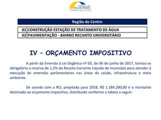 Região do Centro
01 CONSTRUÇÃO ESTAÇÃO DE TRATAMENTO DE ÁGUA
02 PAVIMENTAÇÃO - BAIRRO RECANTO UNIVERSITÁRIO
IV – ORÇAMENTO IMPOSITIVO
A partir da Emenda à Lei Orgânica nº 03, de 06 de junho de 2017, tornou-se
obrigatória a reserva de 1,2% da Receita Corrente Líquida do município para atender à
execução de emendas parlamentares nas áreas da saúde, infraestrutura e meio
ambiente.
De acordo com a RCL projetada para 2018, R$ 1.184.280,00 é o montante
destinado ao orçamento impositivo, distribuído conforme a tabela a seguir:
 