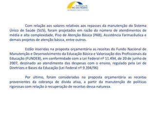 Com relação aos valores relativos aos repasses da manutenção do Sistema
Único de Saúde (SUS), foram projetados em razão do número de atendimentos de
média e alta complexidade, Piso de Atenção Básica (PAB), Assistência Farmacêutica e
demais projetos de atenção básica, entre outros.
Estão inseridas na proposta orçamentária as receitas do Fundo Nacional de
Manutenção e Desenvolvimento da Educação Básica e Valorização dos Profissionais da
Educação (FUNDEB), em conformidade com a Lei Federal nº 11.494, de 20 de junho de
2007, destinado ao atendimento das despesas com o ensino, regulado pela Lei de
Diretrizes e Bases da Educação (Lei Federal nº 9.394/96)
Por último, foram consideradas na proposta orçamentária as receitas
provenientes da cobrança de dívida ativa, a partir da manutenção de políticas
rigorosas com relação à recuperação de receitas dessa natureza.
 