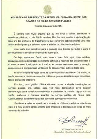 Mensagem da presidenta Dilma Rousseff por ocasião do Dia do Servidor Público