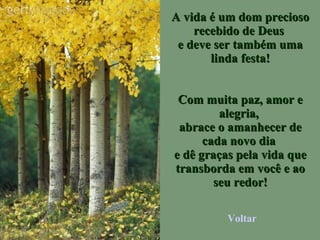 A vida é um dom precioso recebido de Deus  e deve ser também uma linda festa! Com muita paz, amor e alegria,  abrace o amanhecer de cada novo dia  e dê graças pela vida que transborda em você e ao seu redor! Voltar 