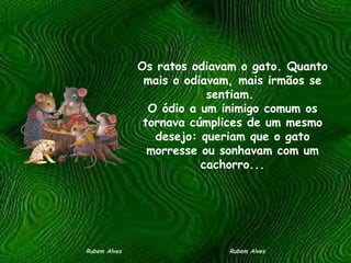 Os ratos odiavam o gato. Quanto mais o odiavam, mais irmãos se sentiam.  O ódio a um inimigo comum os tornava cúmplices de um mesmo desejo: queriam que o gato morresse ou sonhavam com um cachorro... Rubem Alves  Rubem Alves 