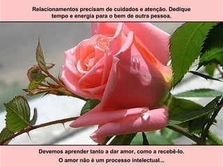 Relacionamentos precisam de cuidados e atenção. Dedique
tempo e energia para o bem de outra pessoa.
Devemos aprender tanto a dar amor, como a recebê-lo.
O amor não é um processo intelectual...
 