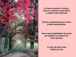 O nosso caminho é interior.
Esse é o caminho mais difícil,
a viagem mais dolorosa.
Somos responsáveis por nosso
próprio aprendizado.
Essa responsabilidade não pode
ser jogada nos ombros de
outra pessoa.
O reino de Deus está
dentro de nós.
 