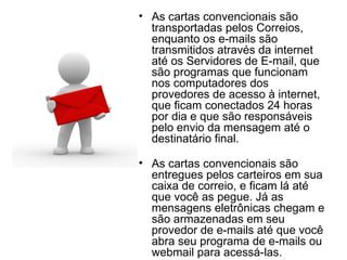 As cartas convencionais são transportadas pelos Correios, enquanto os e-mails são transmitidos através da internet até os Servidores de E-mail, que são programas que funcionam nos computadores dos provedores de acesso à internet, que ficam conectados 24 horas por dia e que são responsáveis pelo envio da mensagem até o destinatário final. As cartas convencionais são entregues pelos carteiros em sua caixa de correio, e ficam lá até que você as pegue. Já as mensagens eletrônicas chegam e são armazenadas em seu provedor de e-mails até que você abra seu programa de e-mails ou webmail para acessá-las.  