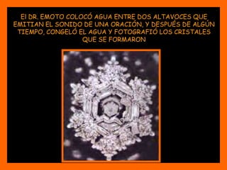 El DR. EMOTOCOLOCÓ AGUA ENTRE DOS ALTAVOCESQUEEMITIAN EL SONIDO DE UNAORACIÓN, Y DESPUÉS DE ALGÚNTIEMPO, CONGELÓEL AGUA Y FOTOGRAFIÓ LOS CRISTALESQUE SE FORMARON