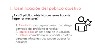 ¿A cuál público objetivo queremos hacerle
llegar los mensajes?
1. Afectados por alguna amenaza o riesgo
derivado del problema a resolver
2. Interesados en ser parte de la solución.
3. Líderes comunitarios, autoridades o otras
personas influyentes que puede apoyar las
acciones.
1. Identificación del público objetivo
 