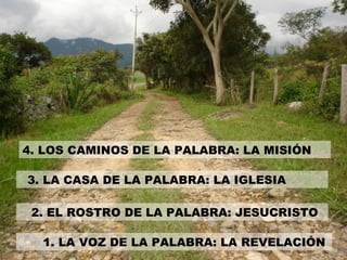 1. LA VOZ DE LA PALABRA: LA REVELACIÓN 2. EL ROSTRO DE LA PALABRA: JESUCRISTO 3. LA CASA DE LA PALABRA: LA IGLESIA 4. LOS CAMINOS DE LA PALABRA: LA MISIÓN 