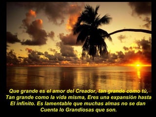 Que grande es el amor del Creador, tan grande como tú, Tan grande como la vida misma, Eres una expansión hasta El infinito. Es lamentable que muchas almas no se dan  Cuenta lo Grandiosas que son. 