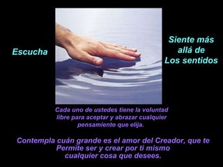 Cada uno de ustedes tiene la voluntad libre para aceptar y abrazar cualquier pensamiento que elija.   Contempla cuán grande es el amor del Creador, que te Permite ser y crear por ti mismo cualquier cosa que desees. Escucha Siente más allá de Los sentidos 